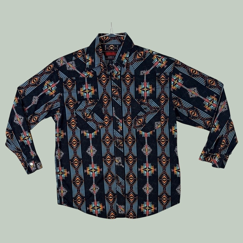 Rock & Roll Denim Mens Large Modern Fit Southwestern Pearl Snap Western Shirt